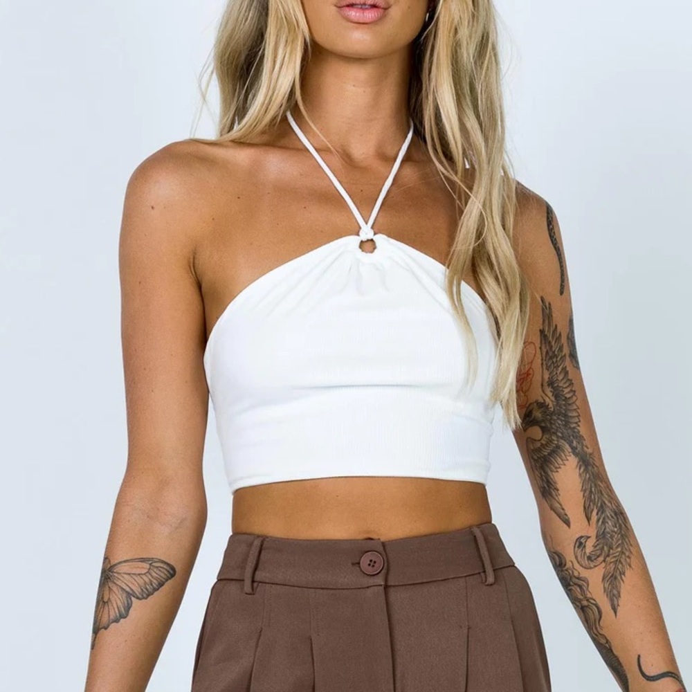 Princess Polly Matilda White Ribbed Lace Up Halter Style Crop Top